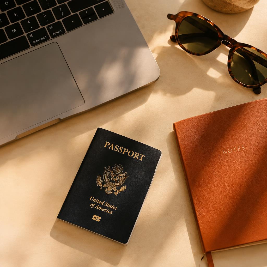 Passport, laptop and notebook on a sunlit desk